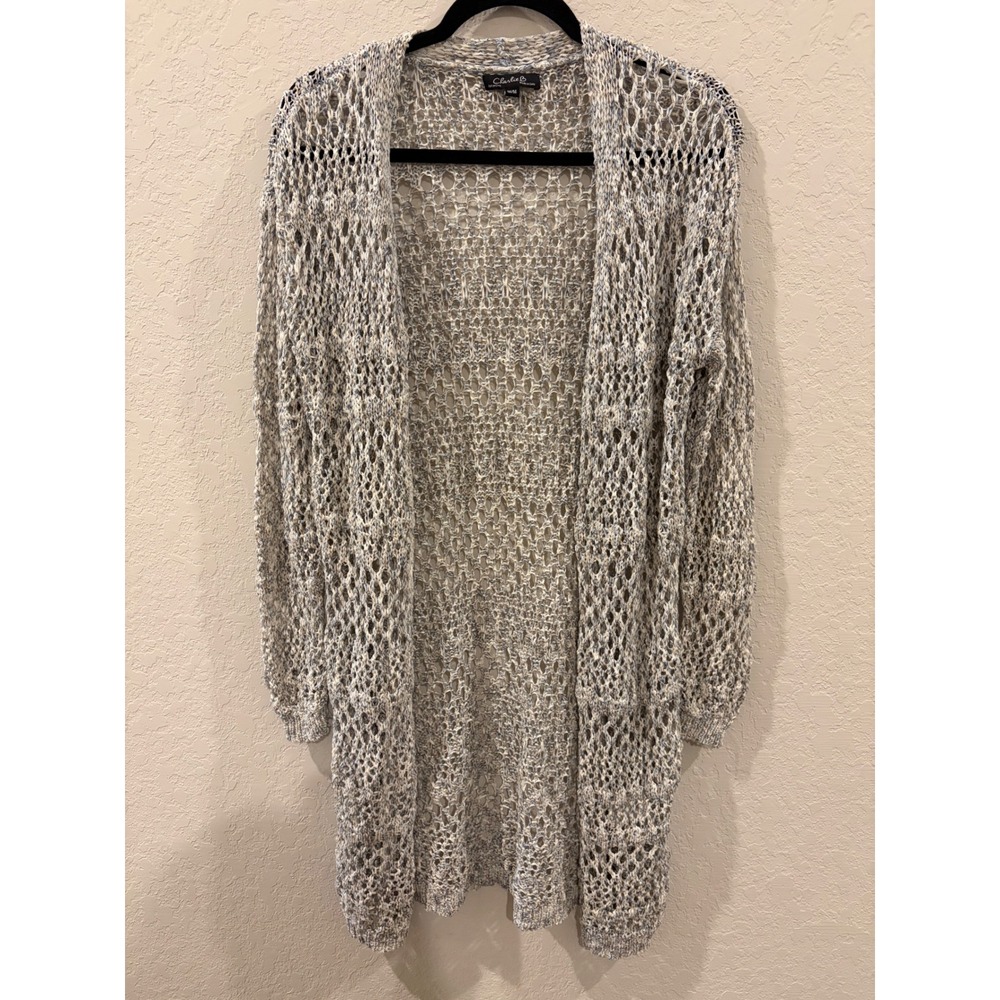 Charlie B Blue Cream White Open Knit Longline Cardigan Sweater Medium